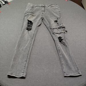Mens Biker Jeans Gray Distressed Moto Skinny Fits Like 34x30 (Tag 2XL) No Brand